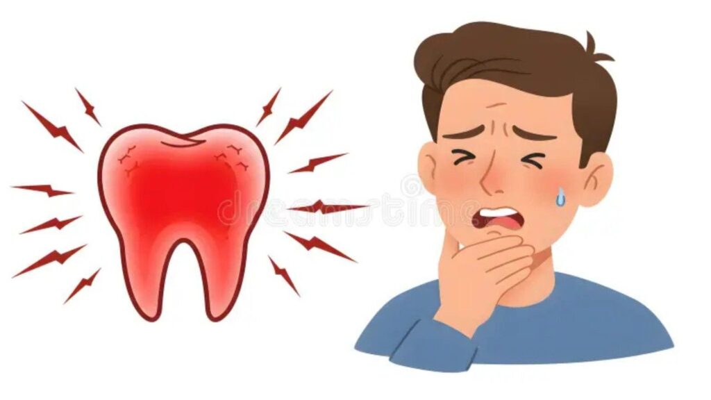 severe toothache pain showing inflamed tooth and person holding jaw in discomfort.
