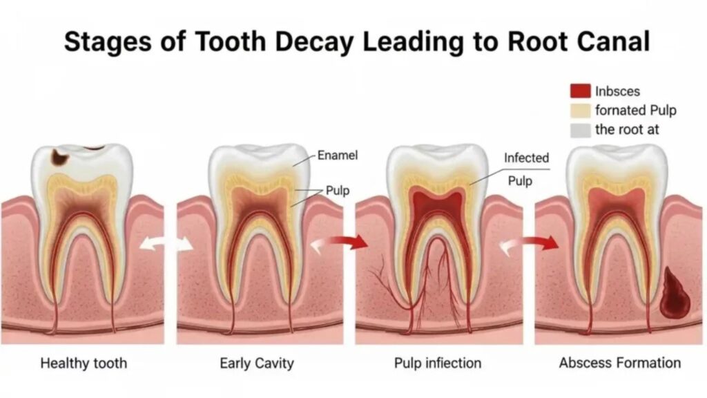 Illustration showing stages of tooth decay leading to root canal, from healthy tooth to abscess formation.