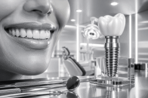 Smiling woman with dental implant display