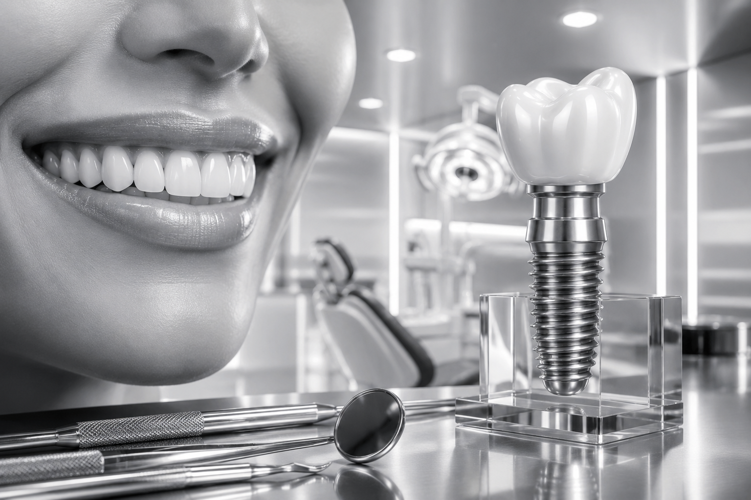 Smiling woman with dental implant display