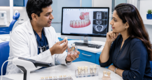 Zirconia and metal dental crown samples at Smilescape Dental Care Anna Nagar