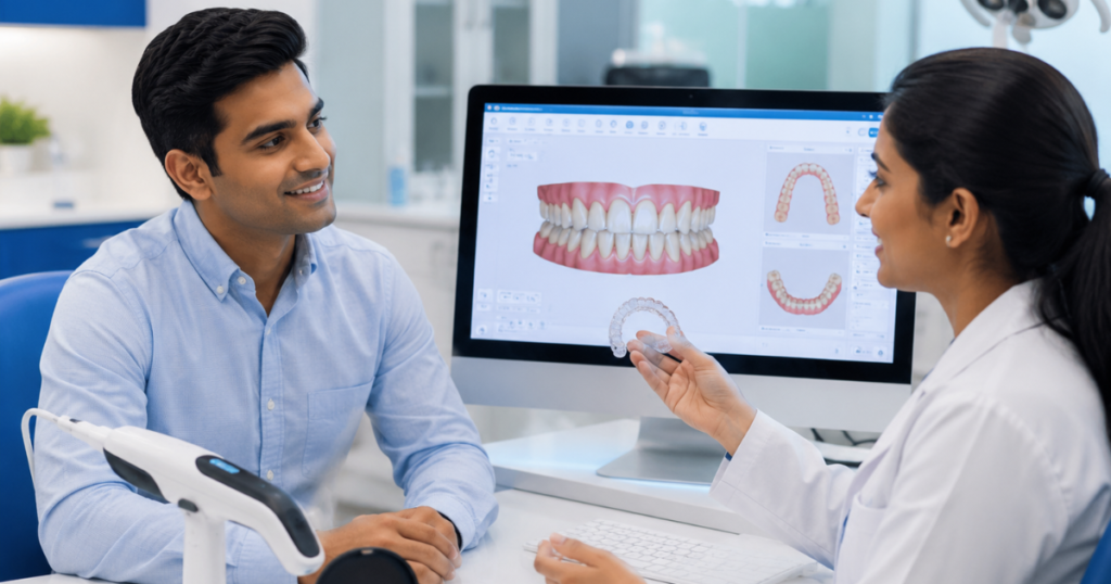 Patient holding clear aligner tray for teeth straightening at Smilescape Dental Care Salem