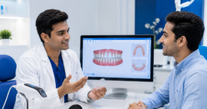 Patient holding clear aligner tray for teeth straightening at Smilescape Dental Care Tiruvallur