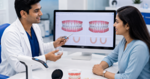 Patient holding clear aligner tray for teeth straightening at Smilescape Dental Care Tiruvannamalai