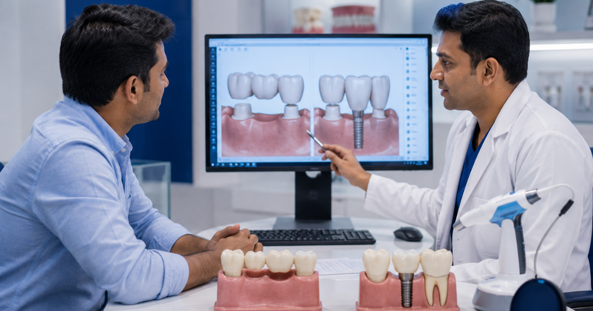 Comparison of dental bridge and dental implant at Smilescape Dental Care Tiruvannamalai