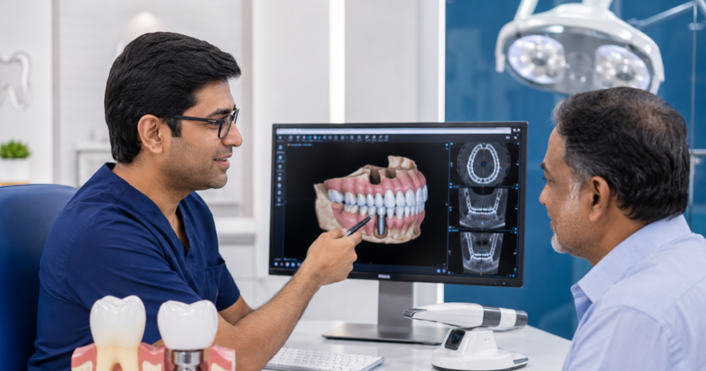 Dentist explaining dental implant procedure to patient at Smilescape Dental Care Tiruvallur