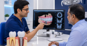 Dentist explaining dental implant procedure to patient at Smilescape Dental Care Tiruvannamalai