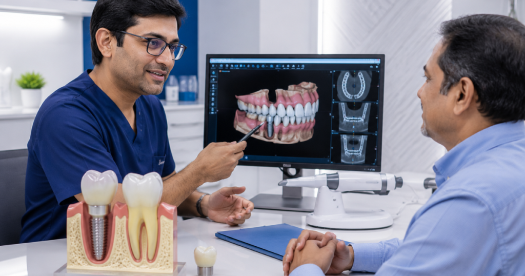Dentist explaining dental implant procedure to patient at Smilescape Dental Care Anna Nagar