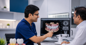 Dentist explaining dental implant procedure to patient at Smilescape Dental Care Salem