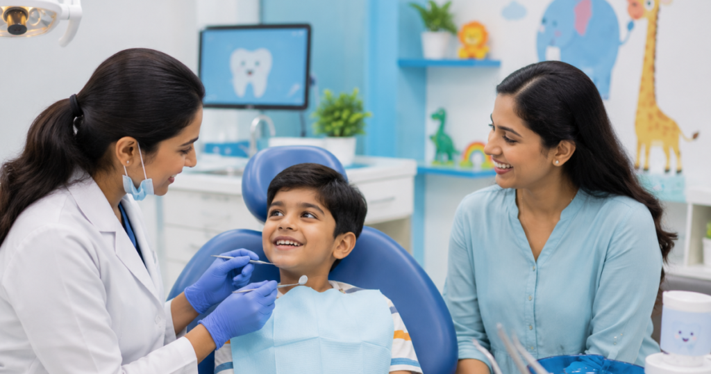 Kids dentist examining a young patient at Smilescape Dental Care Anna Nagar