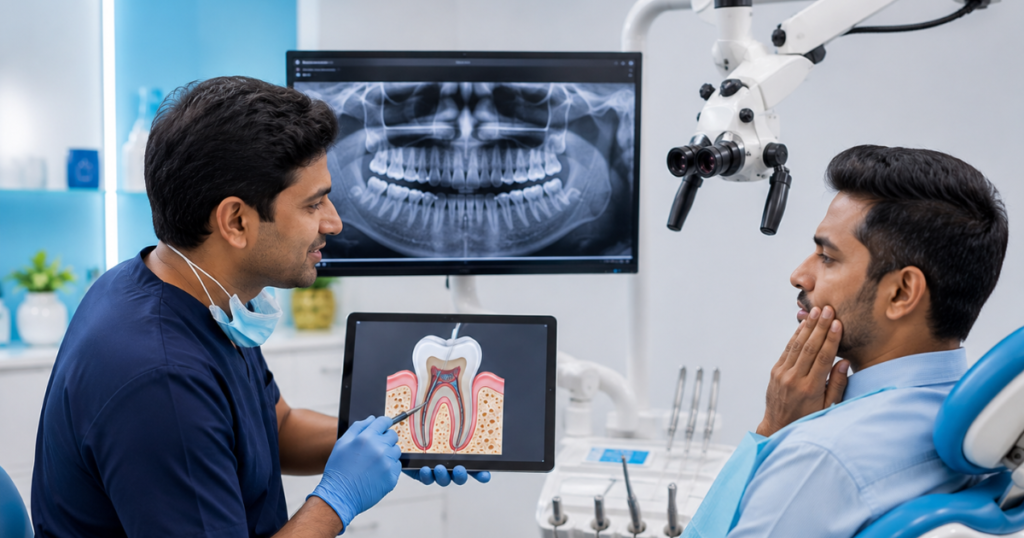 Dentist reviewing X-ray for root canal treatment at Smilescape Dental Care Anna Nagar