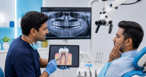 Dentist reviewing X-ray for root canal treatment at Smilescape Dental Care Anna Nagar
