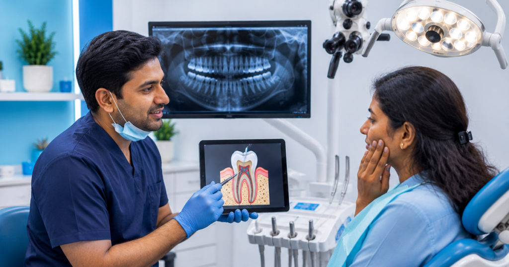 Dentist performing root canal treatment at Smilescape Dental Care Tiruvallur