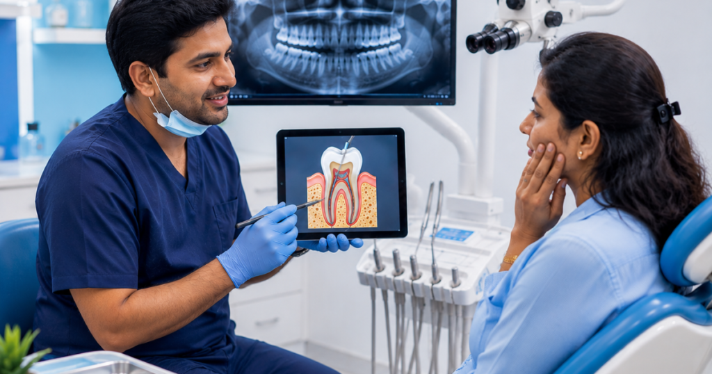 Dentist performing root canal treatment at Smilescape Dental Care Tiruvannamalai