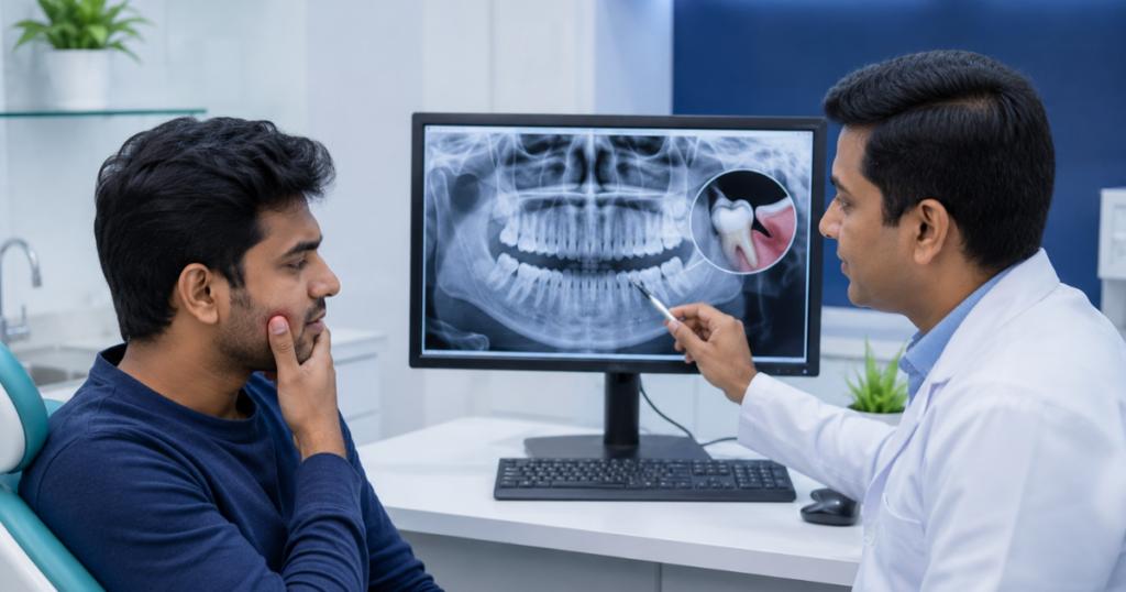 Dentist explaining wisdom tooth X-ray to patient at Smilescape Dental Care Tiruvallur