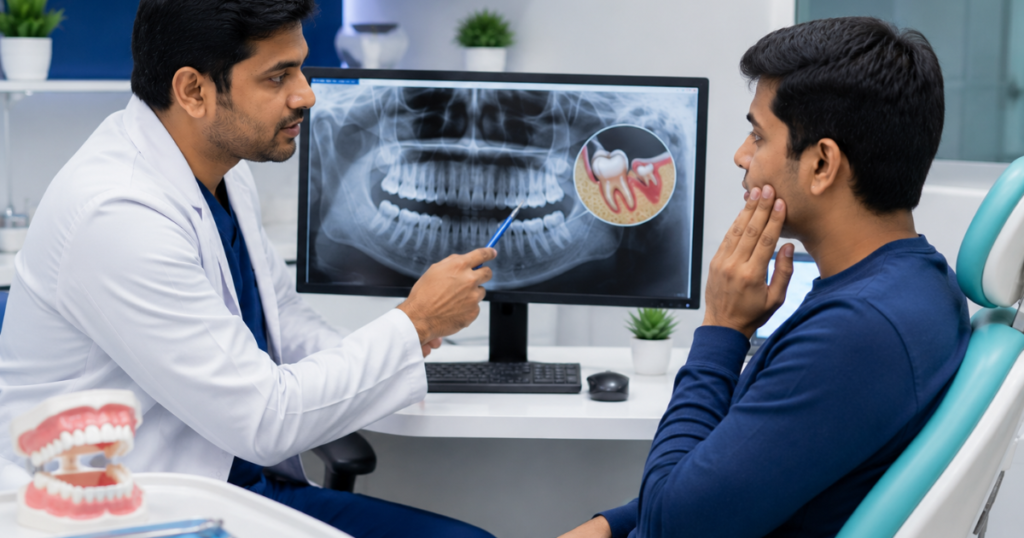 Dentist explaining wisdom tooth X-ray to patient at Smilescape Dental Care Tiruvannamalai