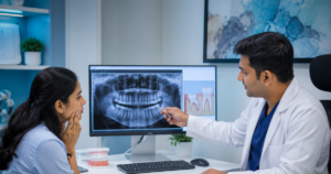 Dentist explaining wisdom tooth X-ray to patient at Smilescape Dental Care Salem