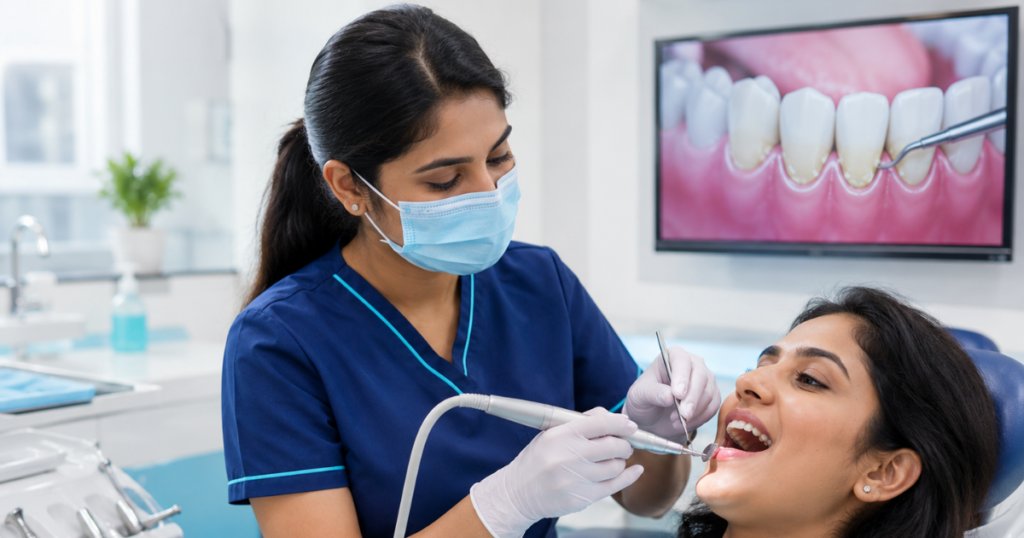 Dentist performing professional teeth cleaning at Smilescape Dental Care Anna Nagar