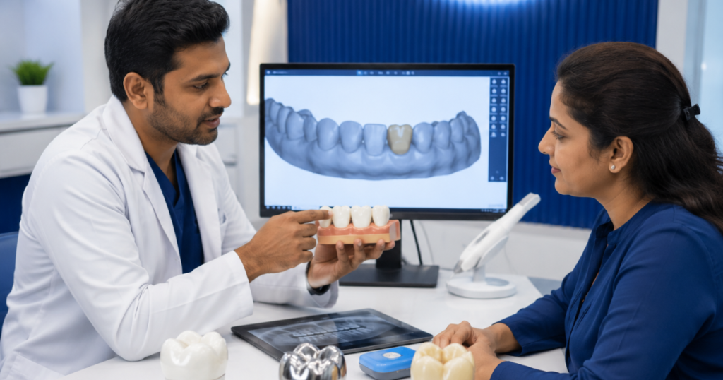 Zirconia and metal dental crown samples at Smilescape Dental Care Salem