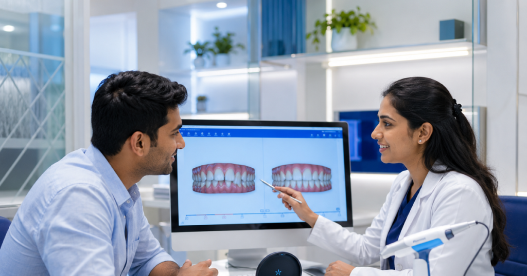 Patient holding Invisalign clear aligner tray at Smilescape Dental Care Anna Nagar